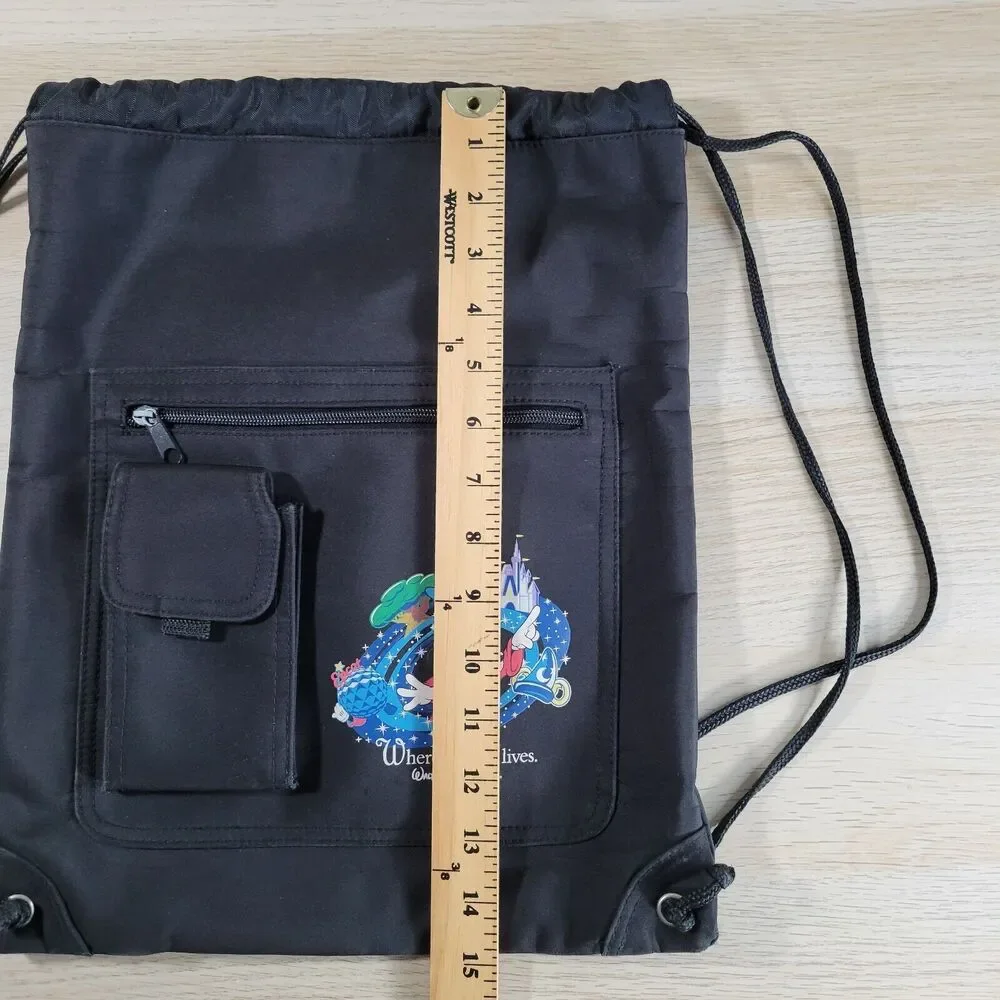 Walt Disney World Vintage Where Magic Lives Drawstring Black Backpack Cinch Bag